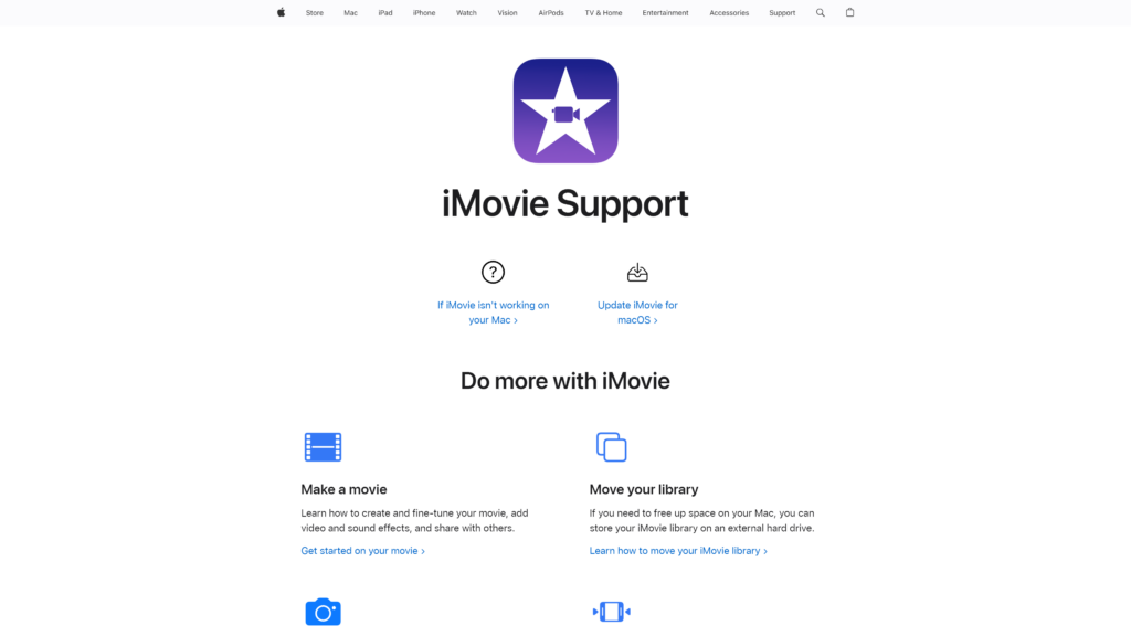 screenshot of the apple imovie homepage