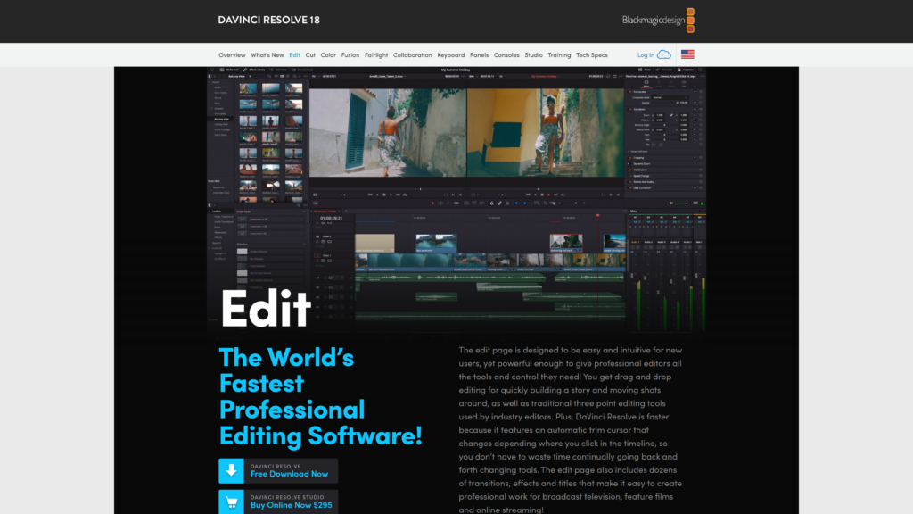 screenshot of the Davinci Resolve best video editing app for mac homepage