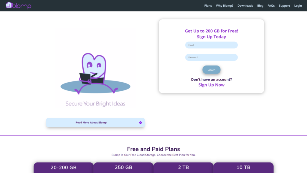 screenshot of the blomp 1tb free cloud storage homepage