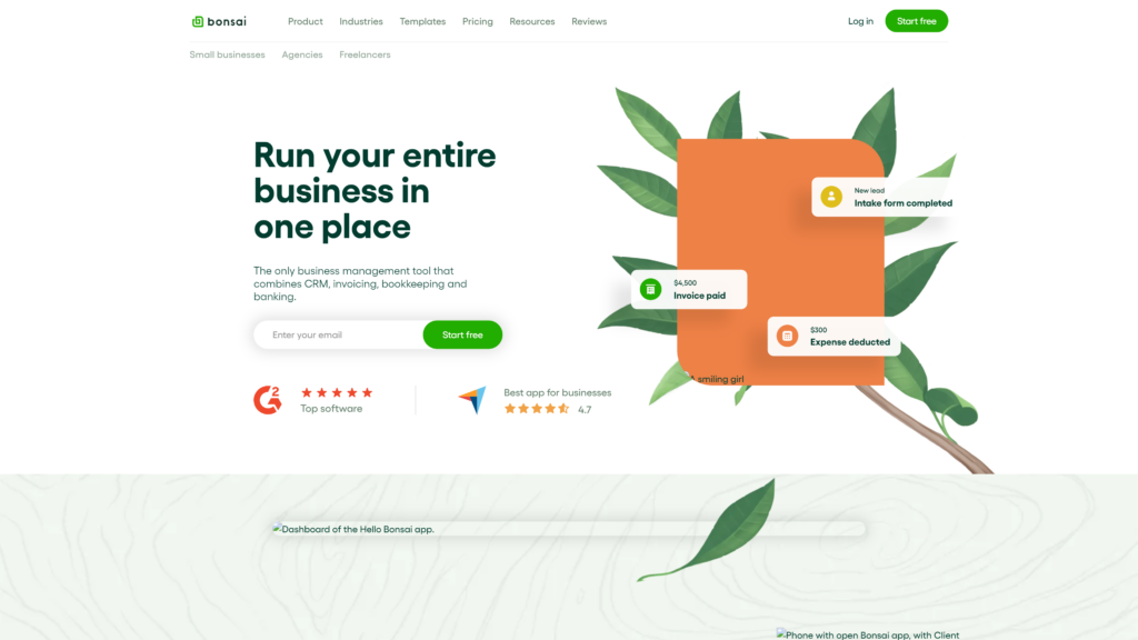 screenshot of the bonsai best cloud accounting software homepage