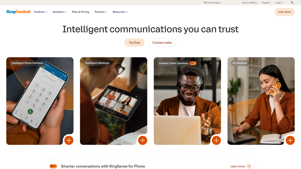 screenshot of the ringcentral homepage