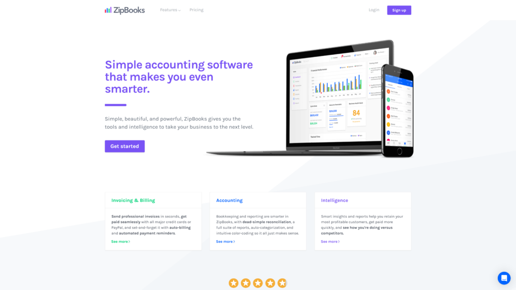 screenshot of the zipbooks homepage cloud based accounting software for small business