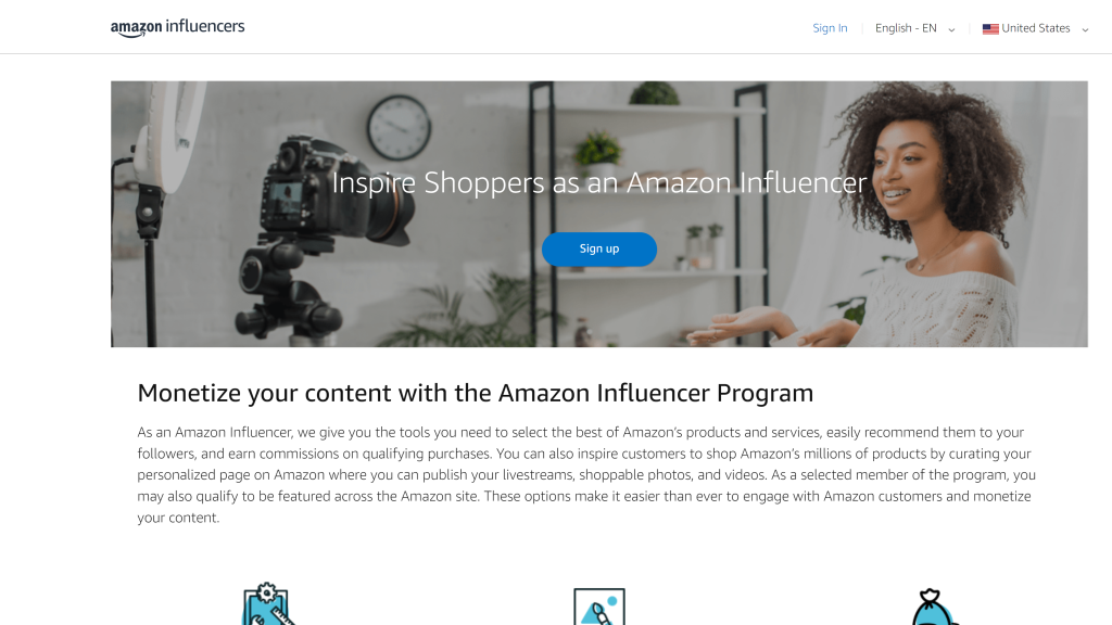 screenshot of the amazon influencer program homepage