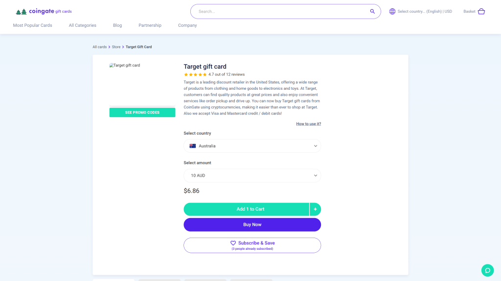 screenshot of the coingate visa gift cards that can be used internationally homepage