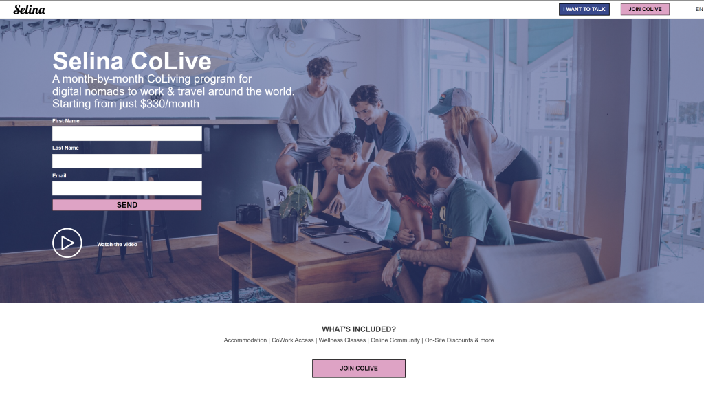 screenshot of the colive selina digital nomad coworking spaces homepage