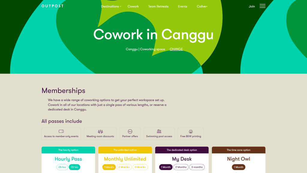 screenshot of the canggu digital nomad coworking spaces homepage