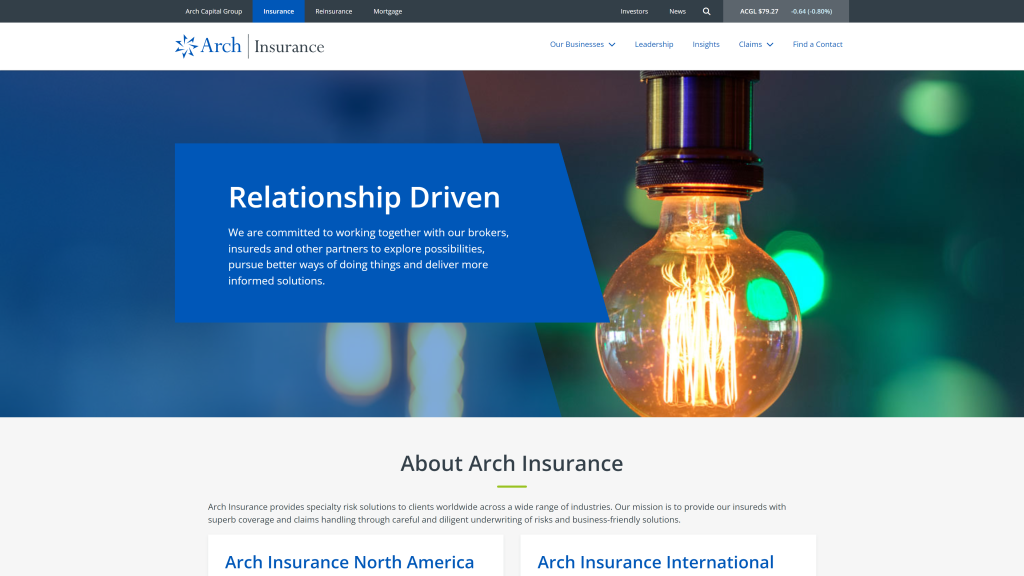 screenshot of the arch travel insurance homepage