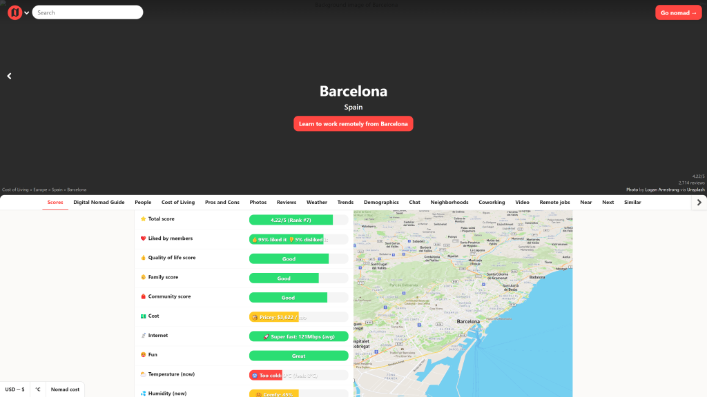 screenshot of the nomadlist barcelona digital nomad community