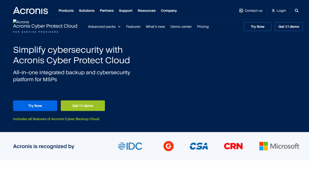 screenshot of the acronis homepage