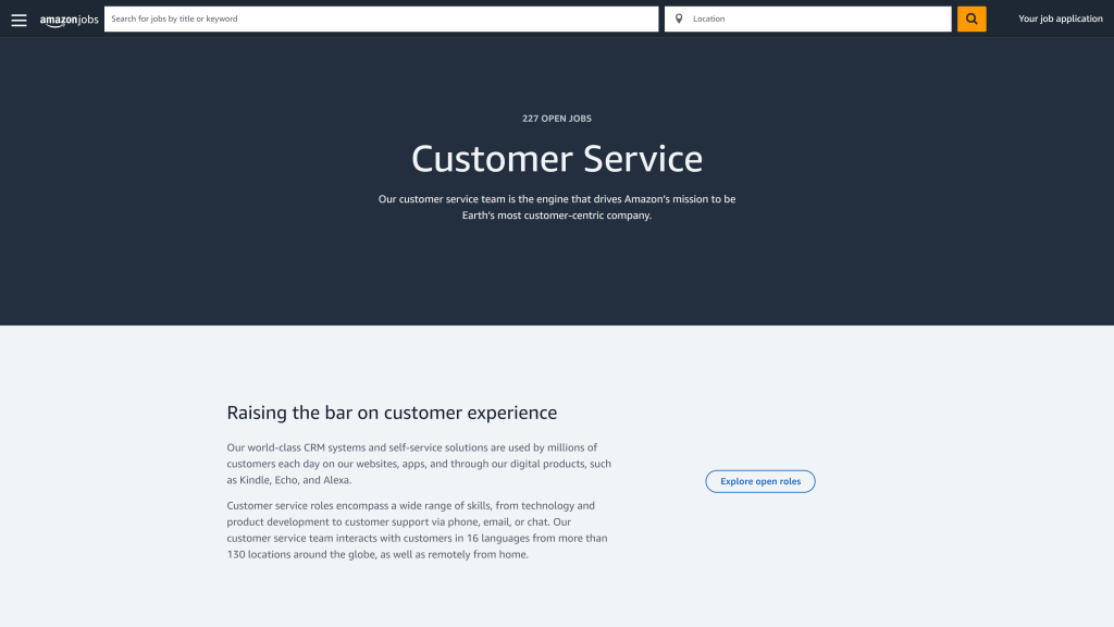 screenshot of the customer service content amazon work from home jobs homepage