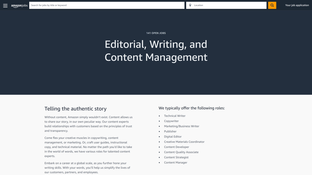 screenshot of the content creation and management at Amazon amazon work from home jobs homepage