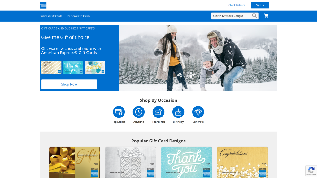 screenshot of the amexgift homepage