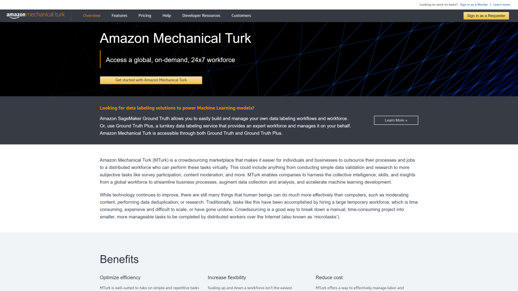 screenshot of the amazon mechanical turk work from home jobs homepage