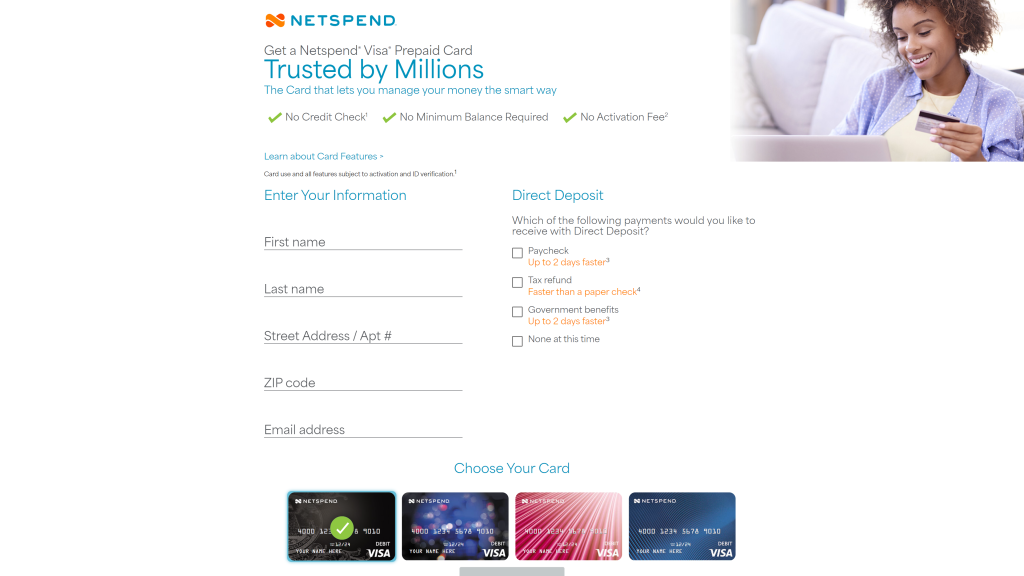 screenshot of the netspend homepage