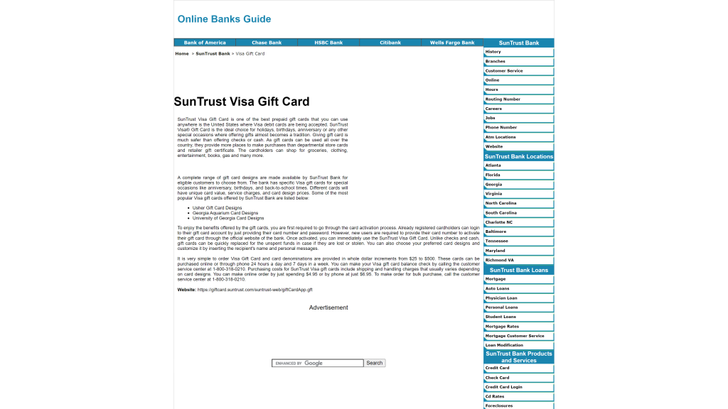 screenshot of the suntrust visa gift cards that can be used internationally homepage