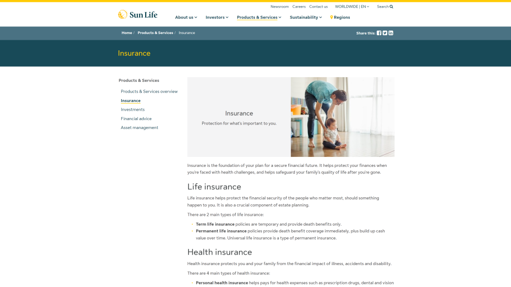 screenshot of the sunlife homepage