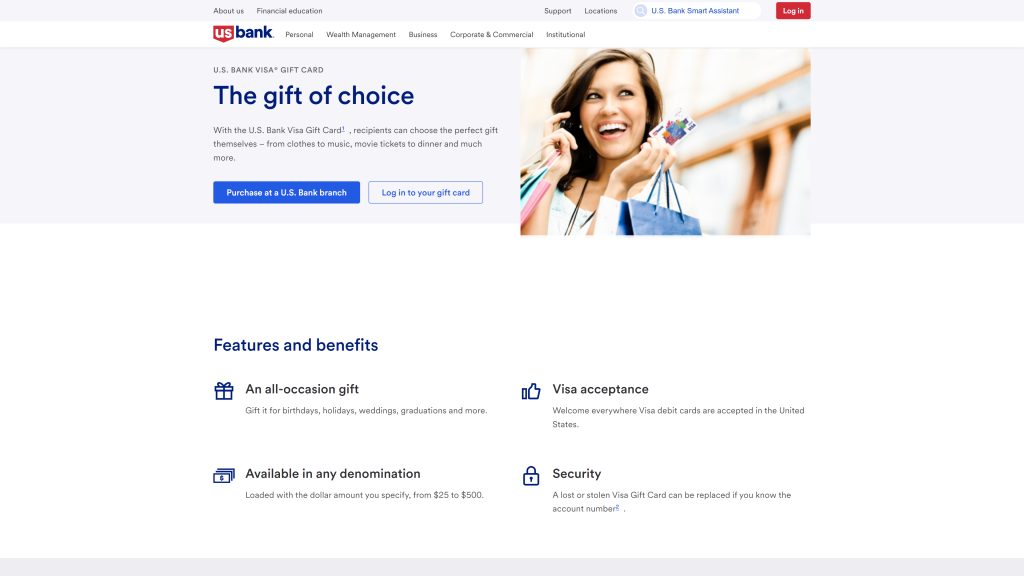 screenshot of the usbank visa gift homepage