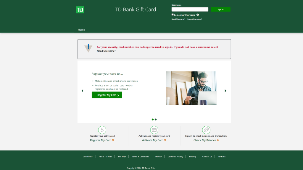 screenshot of the tdbank visa gift homepage