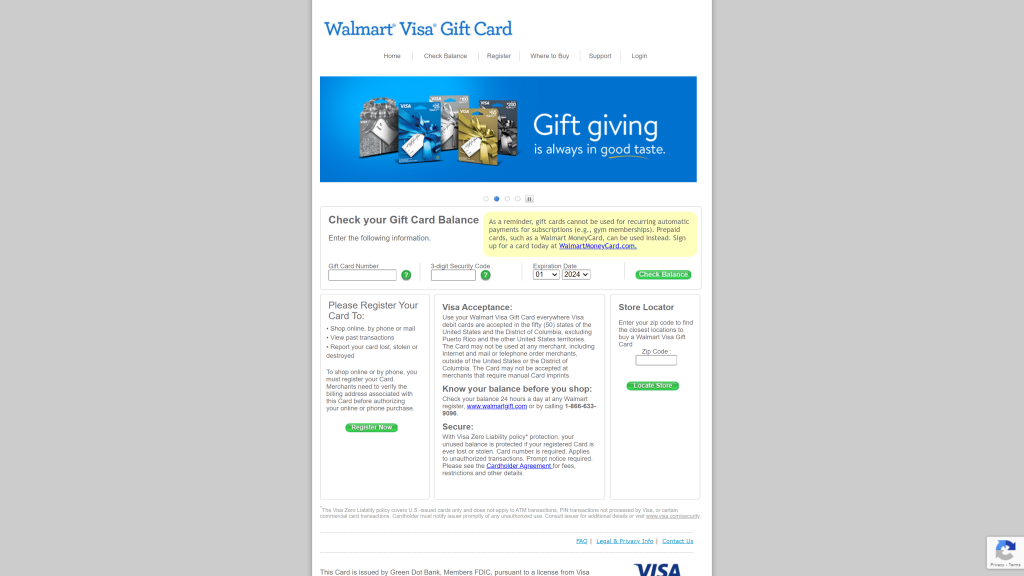 screenshot of the walmart gift visa gift cards that can be used internationally homepage