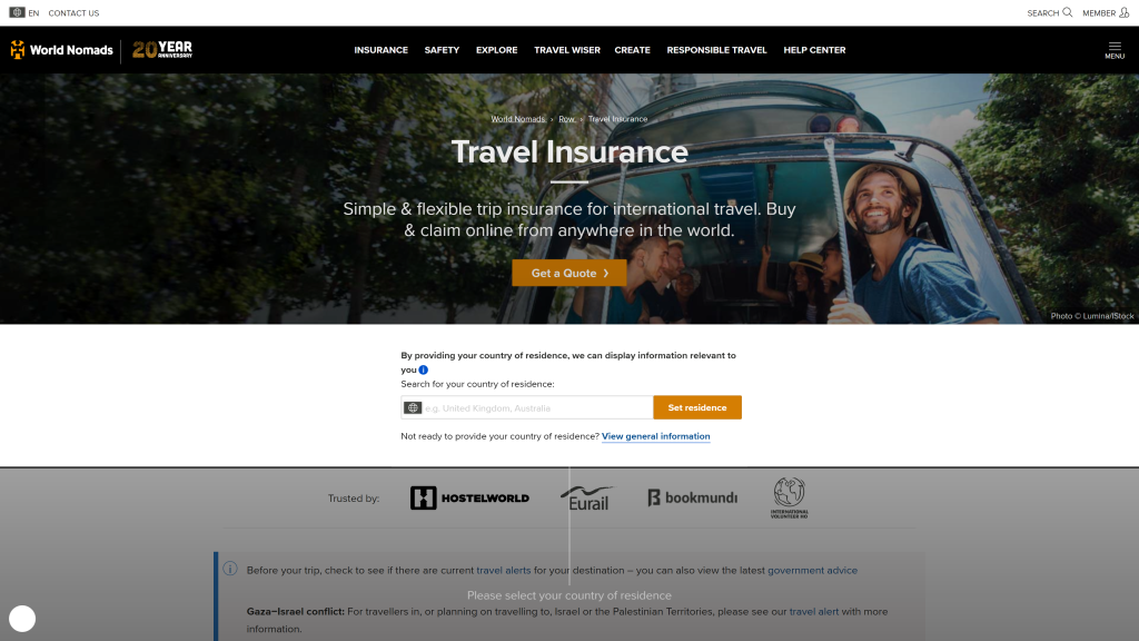 screenshot of the world nomads travel insurance homepage