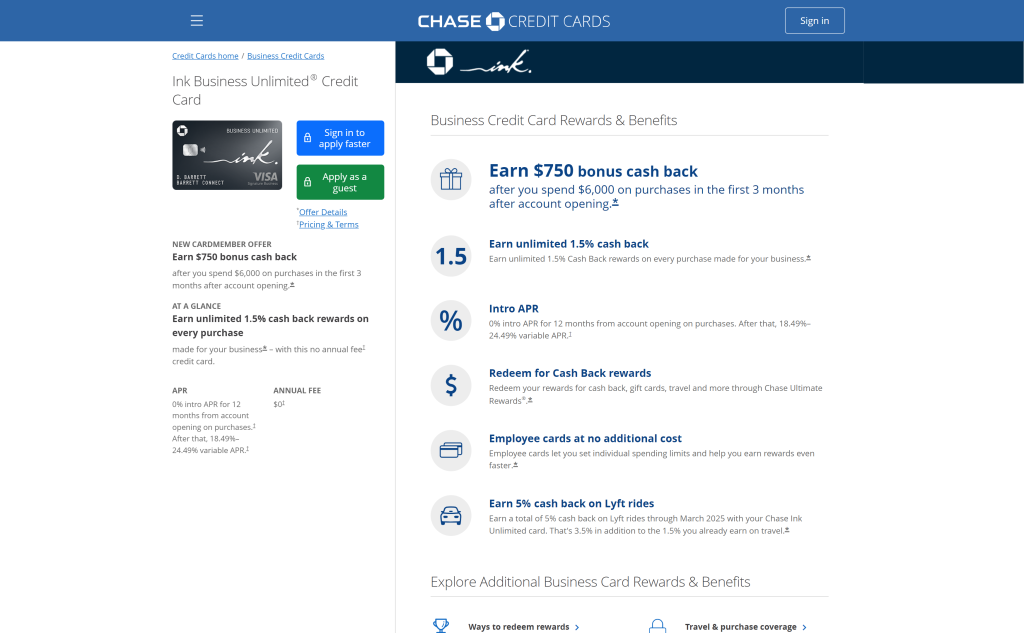 screenshot of the Ink Business Unlimited Credit Card homepage