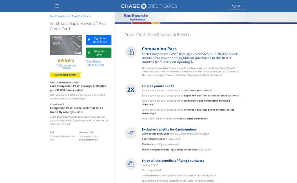 screenshot of the Southwest Rapid Rewards Plus travel credit cards homepage