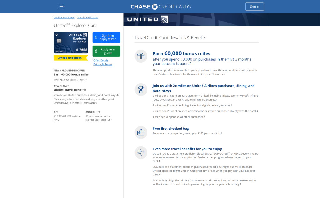 screenshot of the United Explorer Card travel credit cards homepage