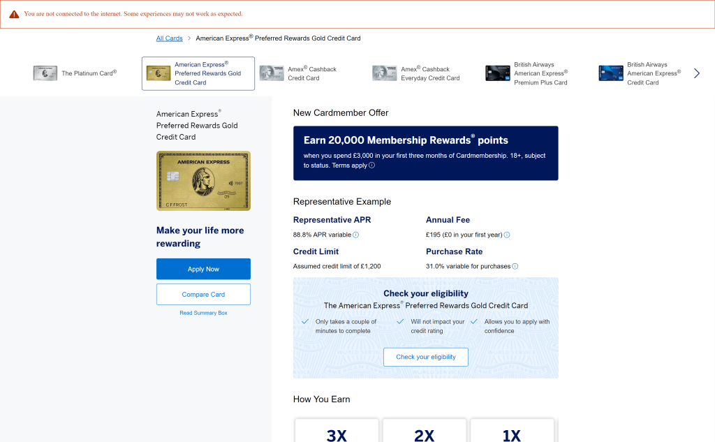 screenshot of the American Express Gold Card homepage