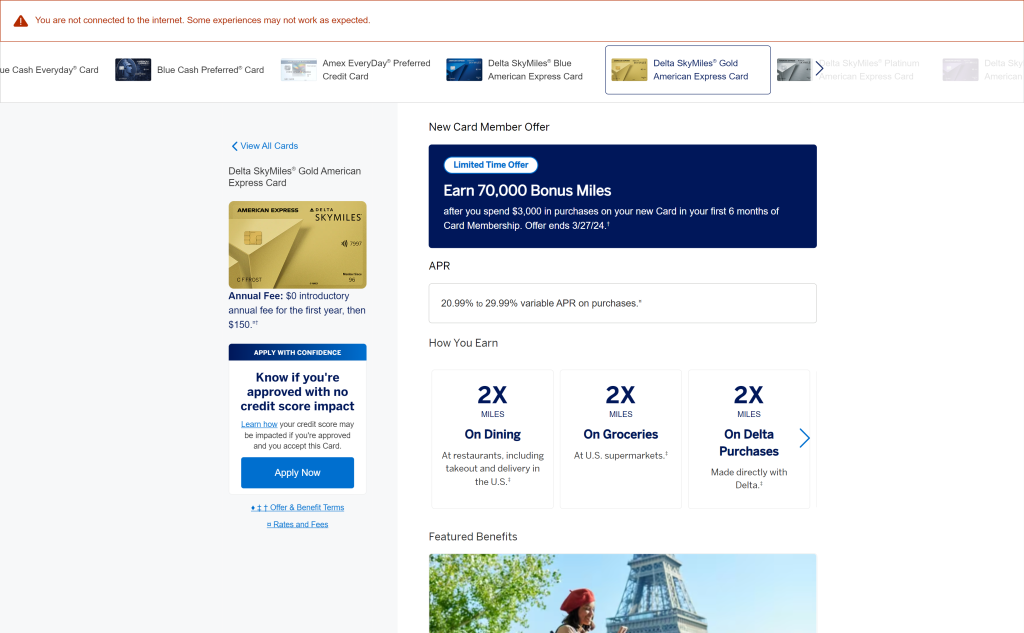 screenshot of the Delta SkyMiles Gold American Express homepage