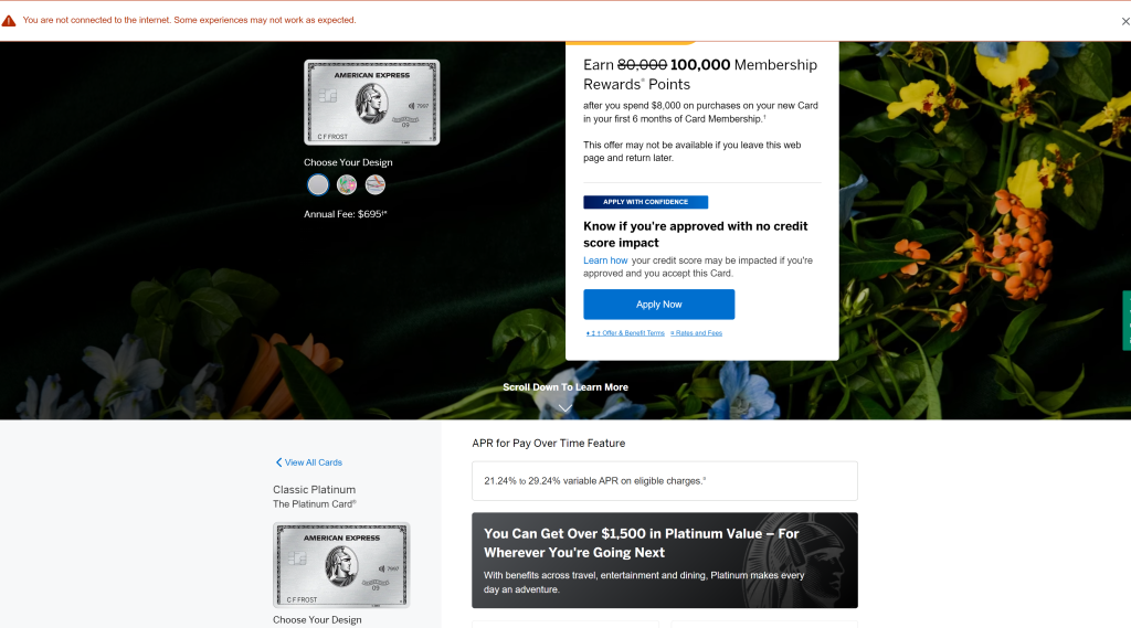 screenshot of the The Platinum Card from American Express homepage