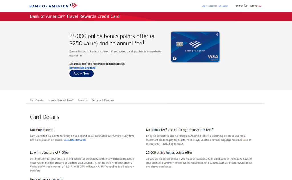 screenshot of the Bank of America Travel Credit Card travel credit cards homepage