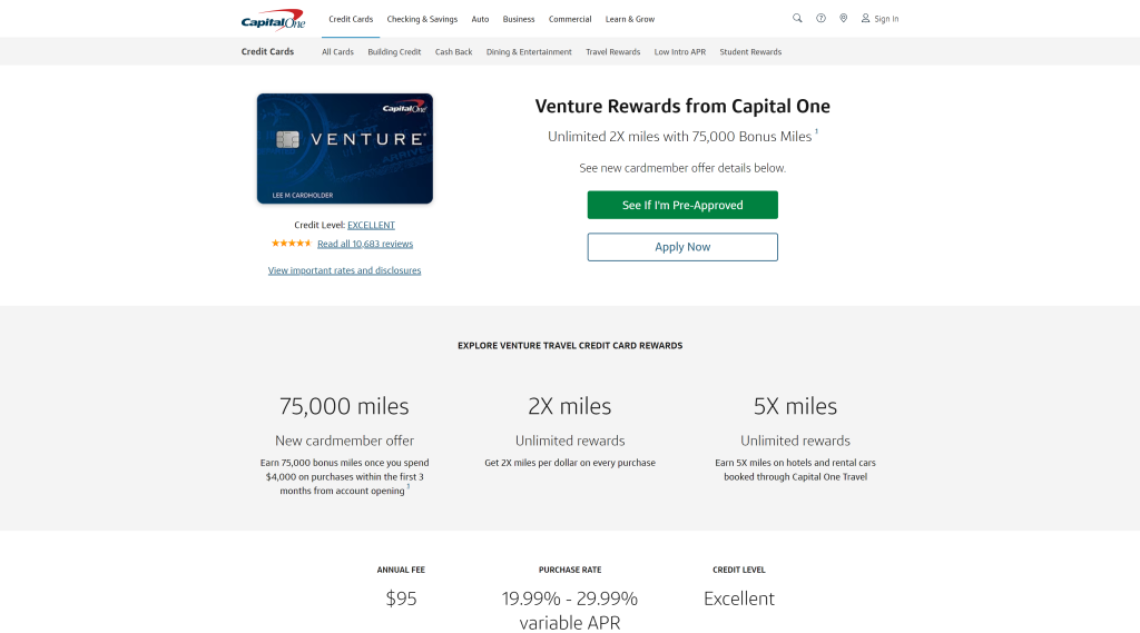 screenshot of the Capital One Venture Rewards Credit Card travel credit cards homepage