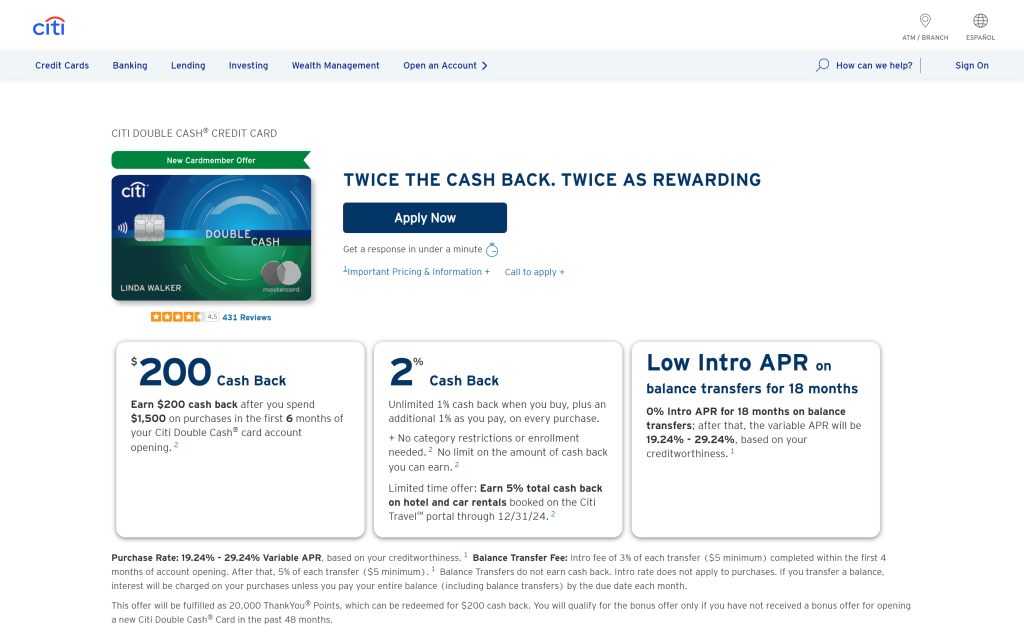 screenshot of the Citi Double Cash Credit Card homepage