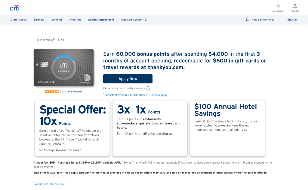 screenshot of the Citi Premier Card travel credit cards homepage