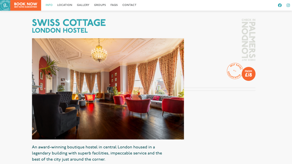 screenshot of the Palmers Lodge Swiss Cottage