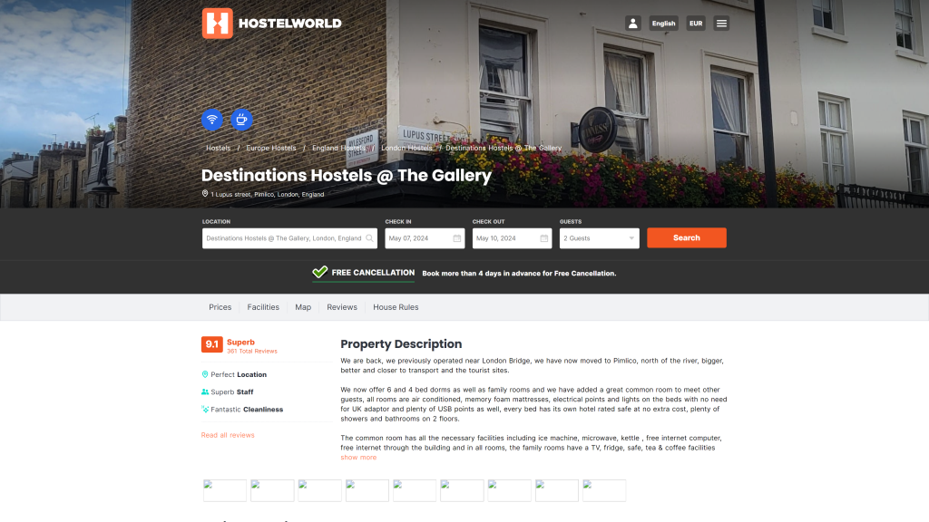 screenshot of the Destinations Hostels @ The Gallery