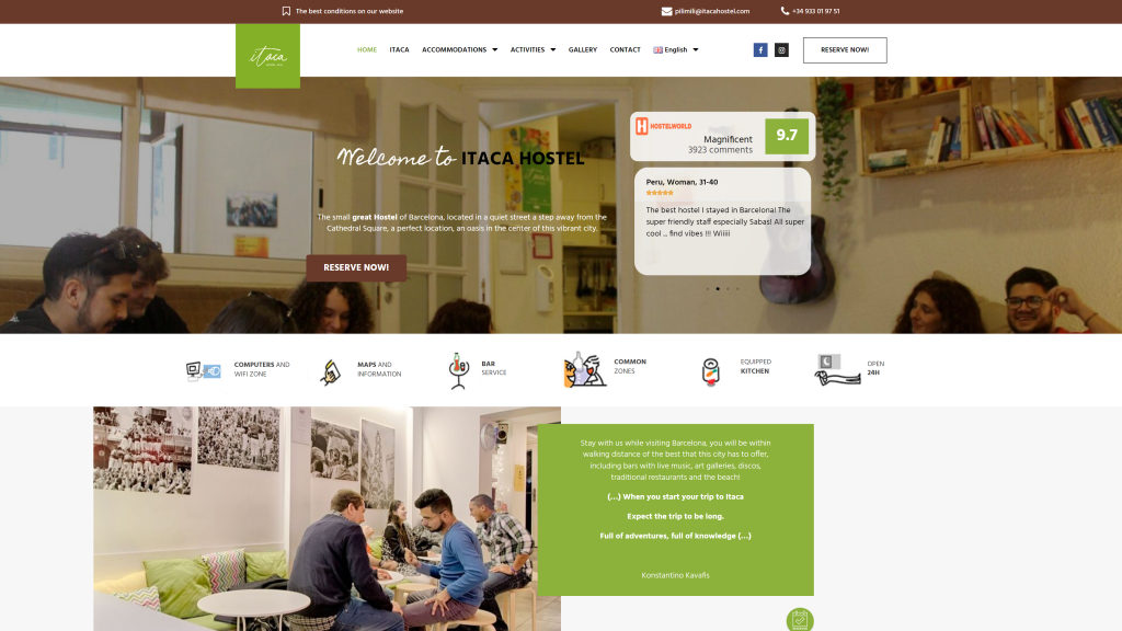 screenshot of the itaca hostel barcelona hostels homepage