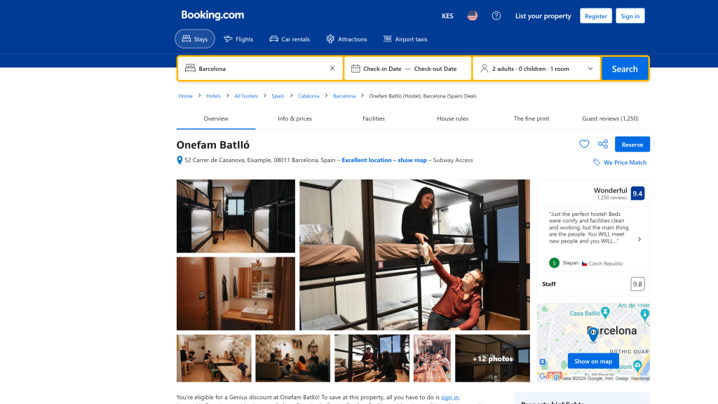 screenshot of the onefam batllo hostels in barcelona homepage