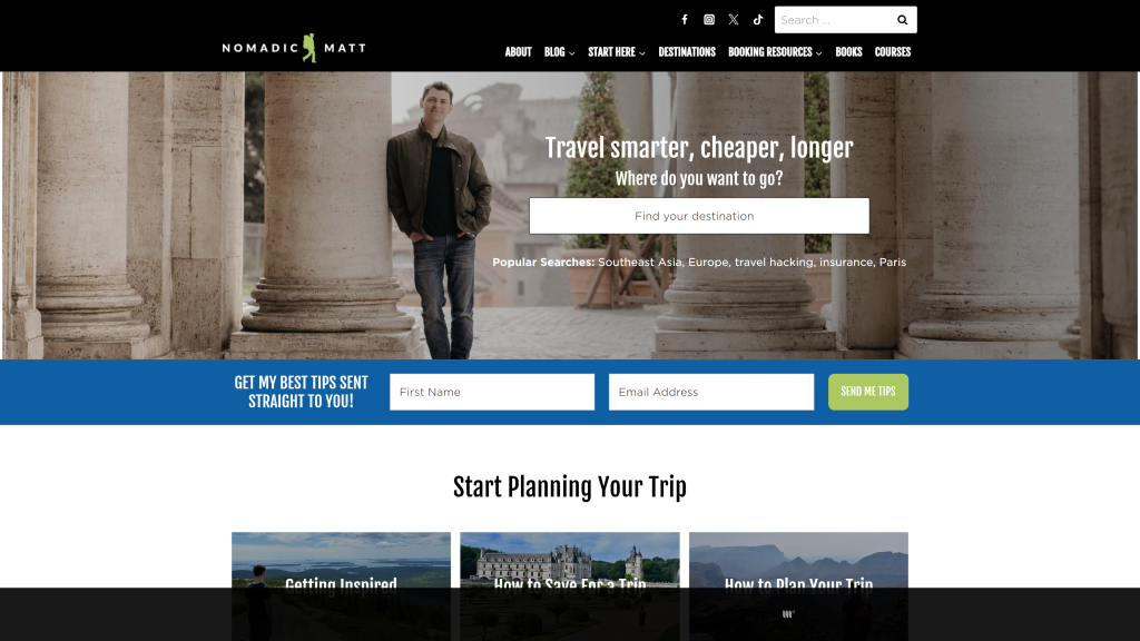 screenshot of the nomadicatt travel blogs homepage