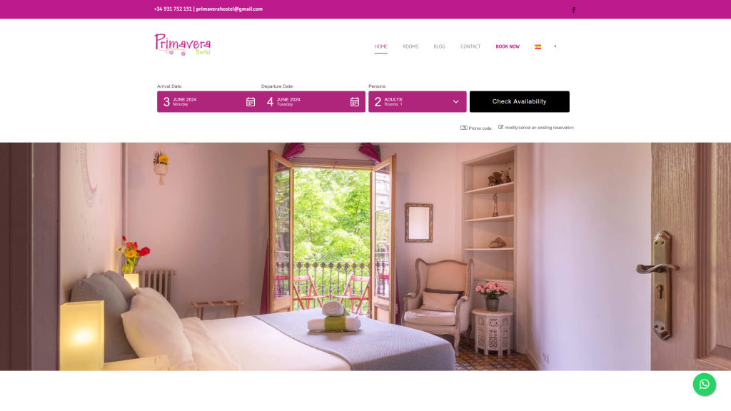 screenshot of the primavera hostel homepage