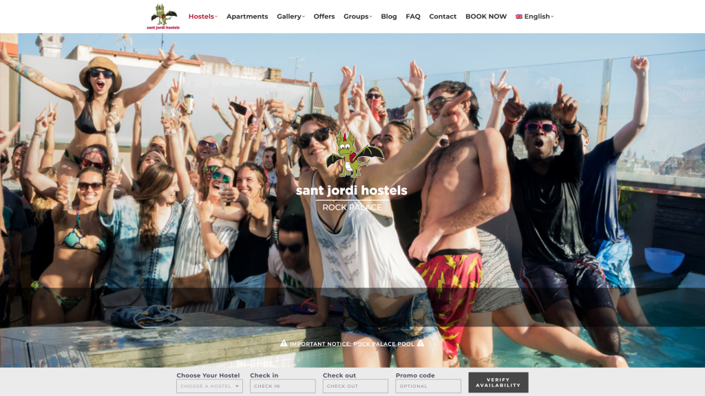 screenshot of the sant jordi hostel rock palace hostels in barcelona homepage