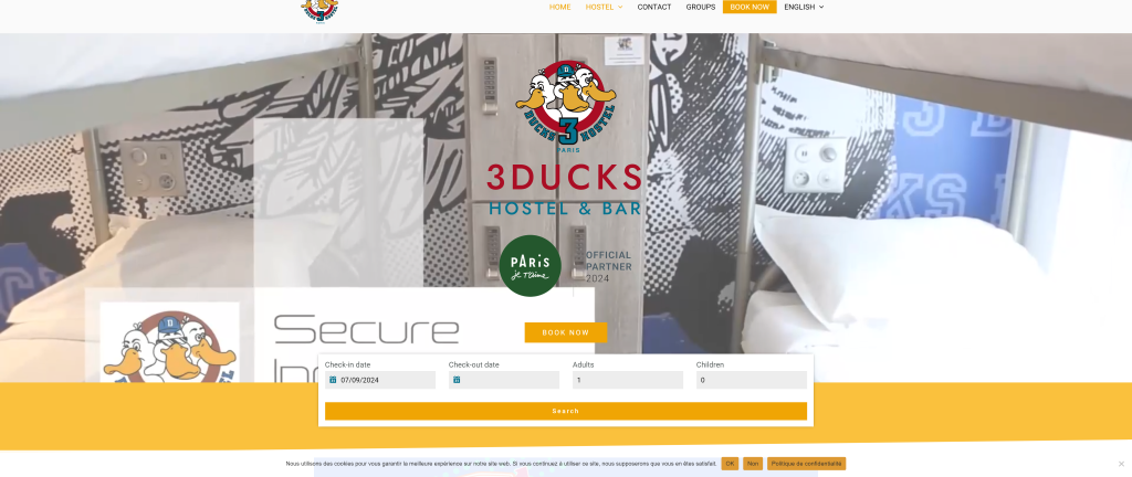 screenshot of the 3 ducks eiffel tower hostels in paris homepage