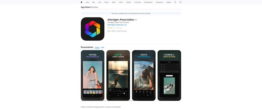 screenshot of the Afterlight best free photo editing app homepage 