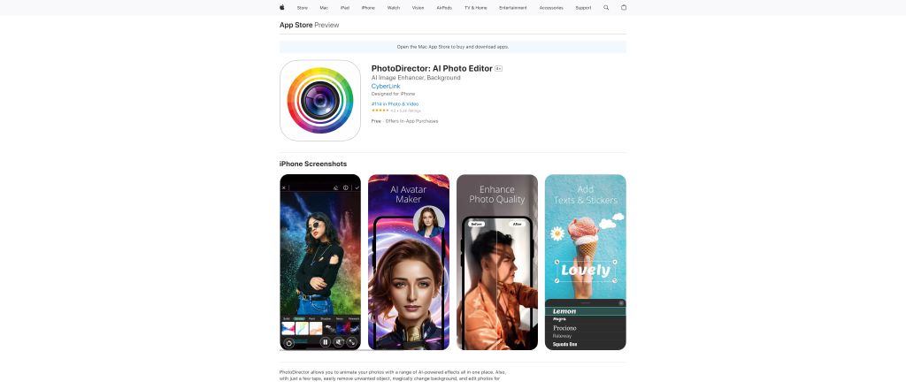 screenshot of the PhotoDirector best free photo editing app homepage