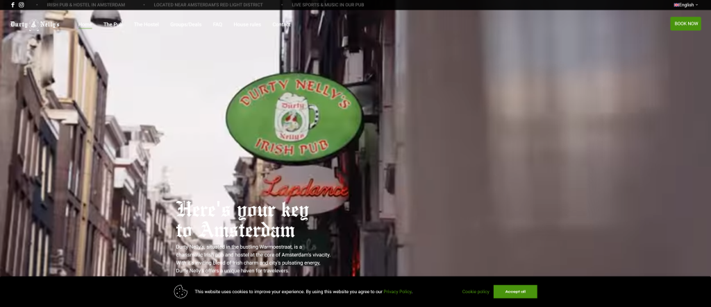 screenshot of the  Durty Nelly's Inn hostels in amsterdam homepage