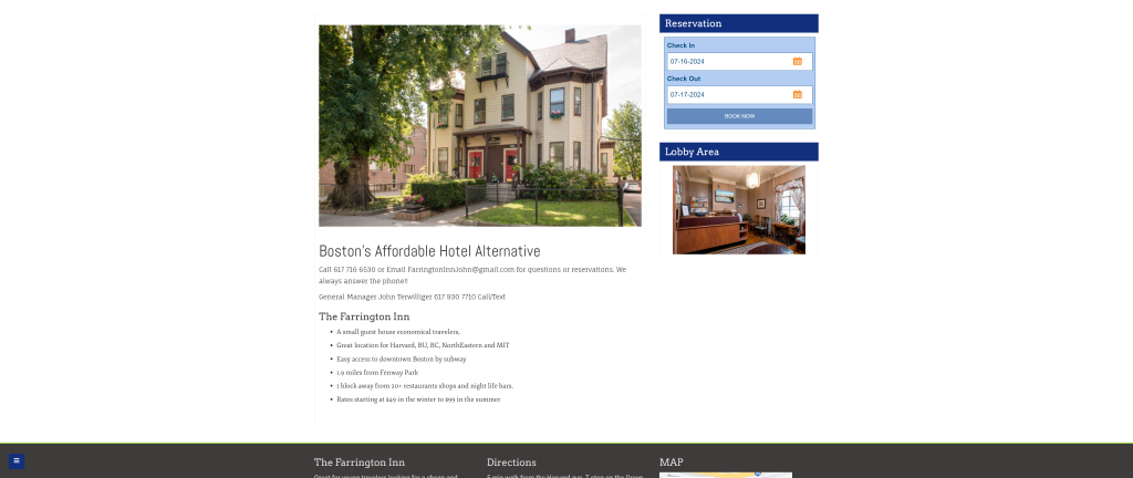 screenshot of the farrington inn where to stay in boston homepage