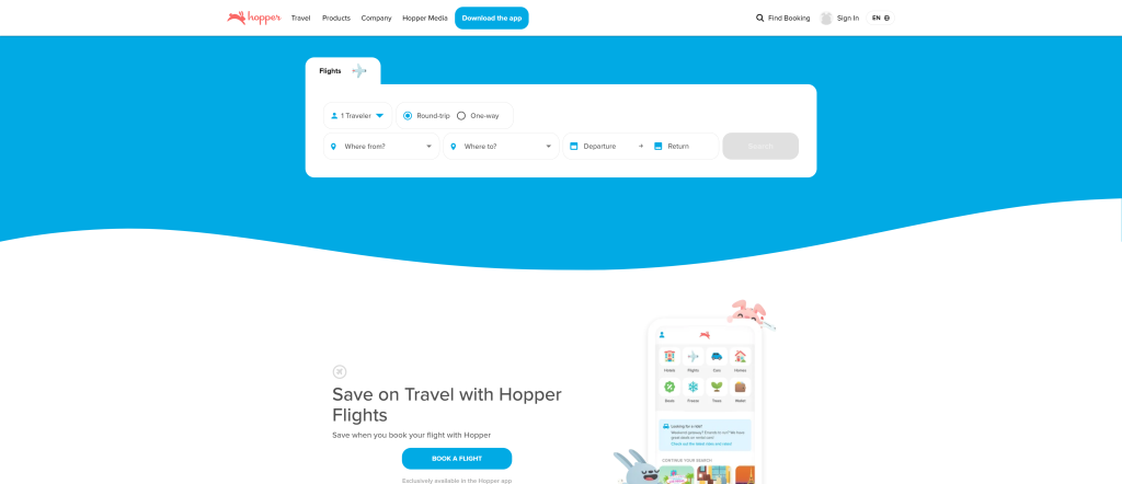 screenshot of the Hopper homepage