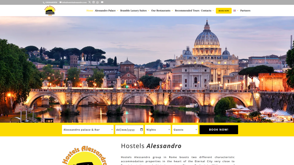 screenshot of the hostel alessandro hostels in rome homepage