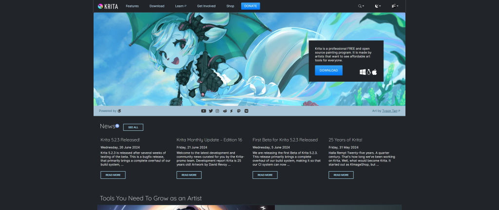 screenshot of the Krita homepage 