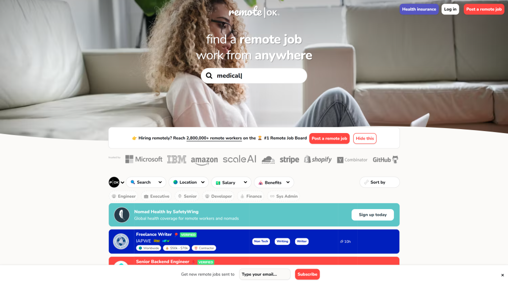 screenshot of the remote ok digital nomad jobs homepage